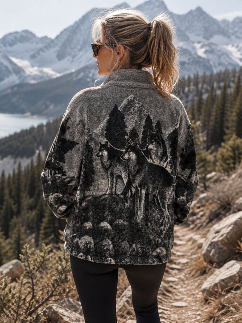 vintage 80s/ 90s Black Mountain Wolf print Sherpa Fleece Jacket Full Zip medium